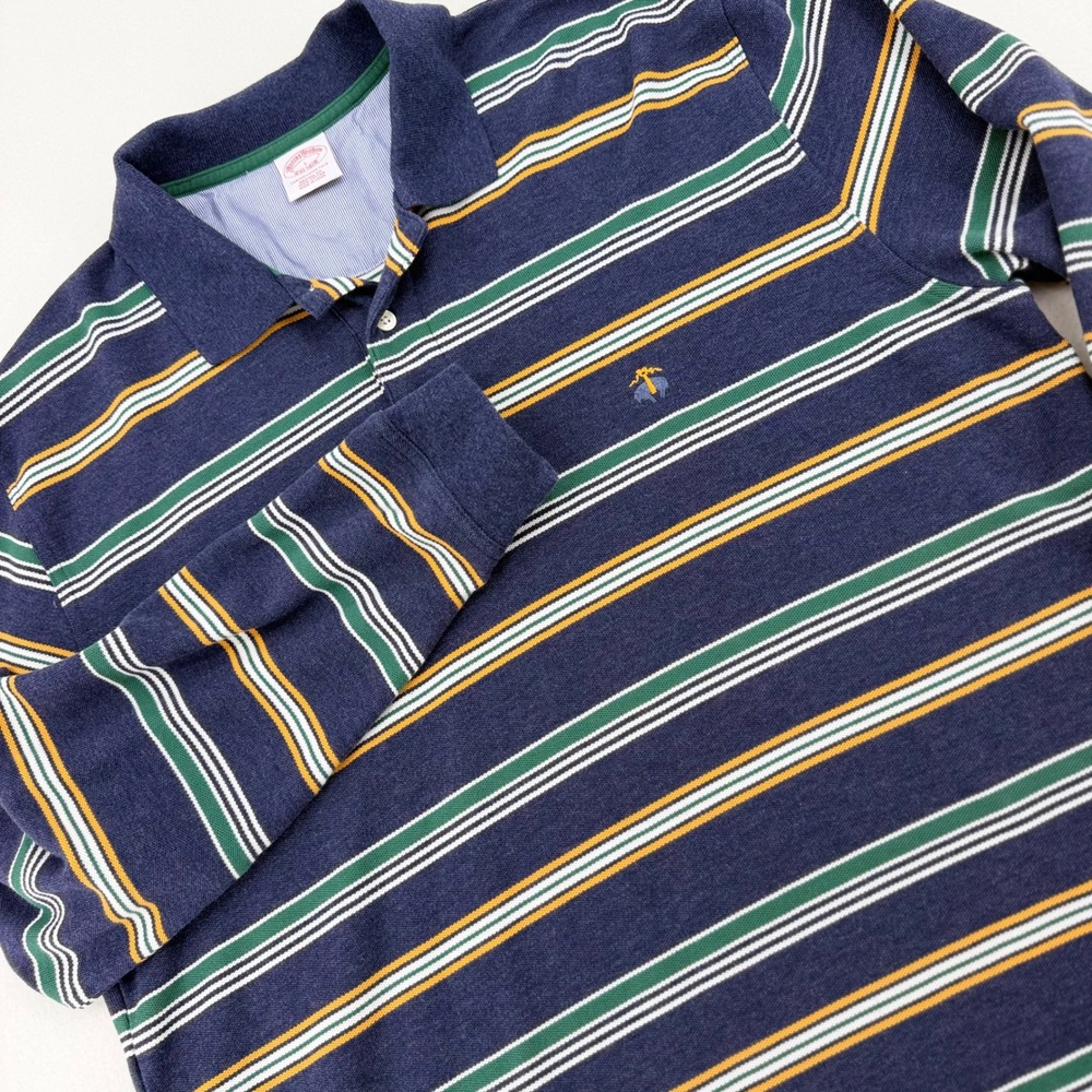 Brooks Brothers Performance Polo Mens L Navy Striped Long Sleeve Rugby Style